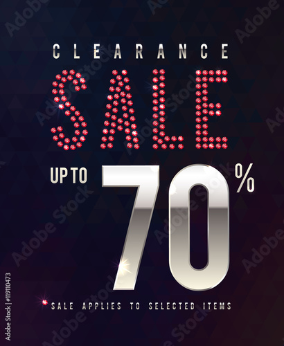 Sale Ruby Poster. 70 percent off, vector sale banner with red diamond jewelry letters and silver letters on black