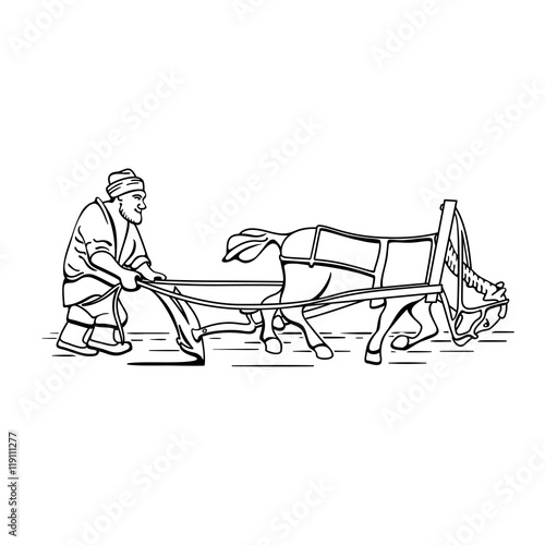 Cartoon plowman farmer and horse vector illustration