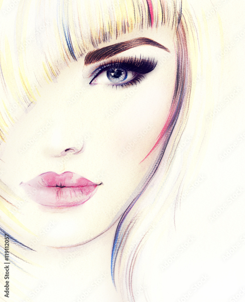 Beautiful woman face. Abstract fashion watercolor illustration Beautiful woman face. Abstract fashion watercolor illustration