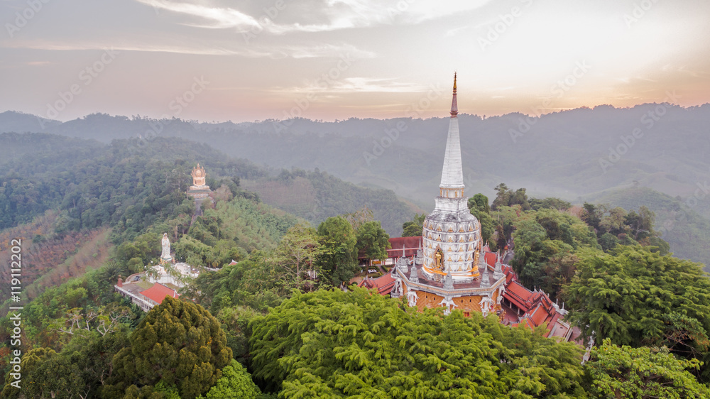 aerial photo by drone at wat Bangreang in PhangNga province.you can see Buddha with a naga on the  head ,QuanYin and big pagoda on the hill top 