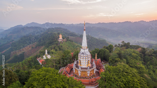 aerial photo by drone at wat Bangreang in PhangNga province.you can see Buddha with a naga on the  head  QuanYin and big pagoda on the hill top 