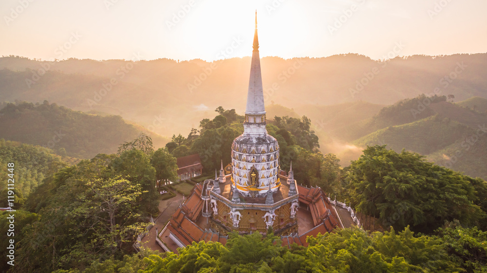 a style of Buddha with a naga over the head at wat Bangreang in PhangNga province.when  aerial photo by drone you can see Buddha statue,QuanYin and big pagoda on the hill top 
