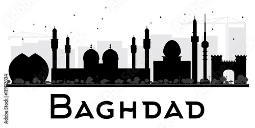 Baghdad City skyline black and white silhouette.