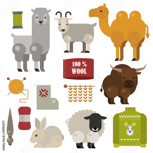 Wool animals and wool products, knitting objects and needles vector flat set.