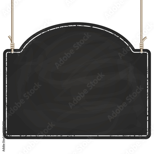 black board hanging on ropes