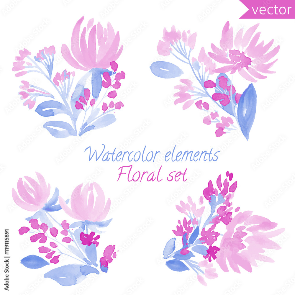 A set of watercolor flowers and leaf. Vector collection with leaves and flowers, hand drawing. Can be used for design for invitation, wedding or greeting cards