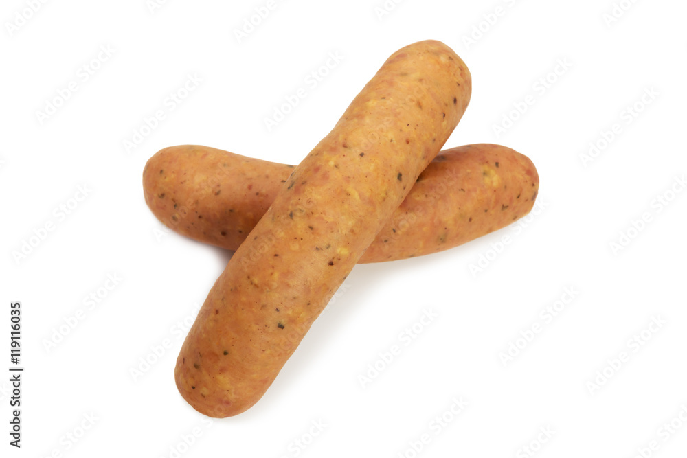 Fresh smoked sausages or bratwurst isolated on white background. Fresh smoked sausages or bratwurst isolated on white background.