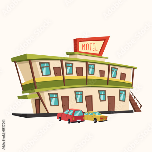 Motel in the desert. Old signboard. Vector cartoon illustration