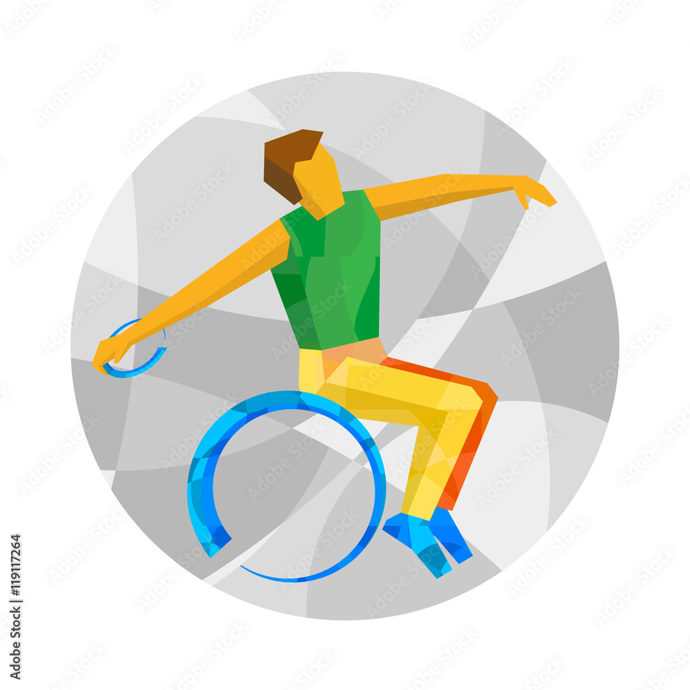 Wheelchair sportsman throwing discus. Flat sport icon. Stock ベクター