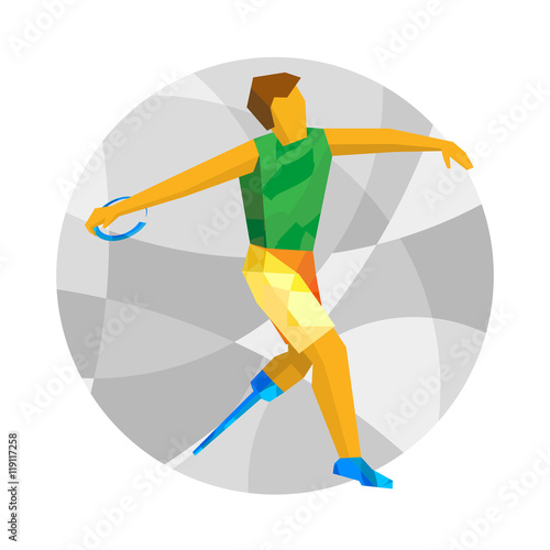 Physically disabled sportsman throwing discus. Flat sport  icon.