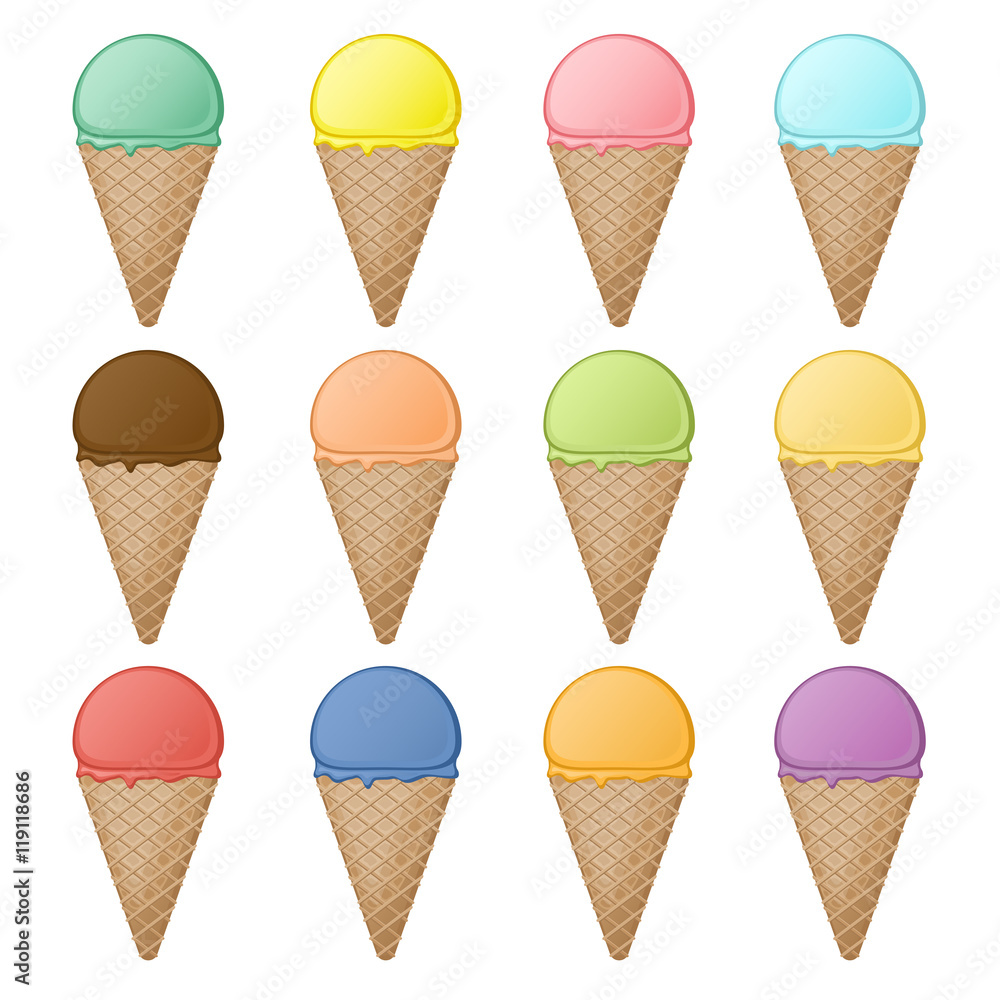 Set of waffle cones and ice cream scoops with different flavors and colors. Colorful sweet fruit dessert in waffle cones. Chocolate, milk, fruit sundae. Vector illustration on a white background.