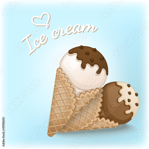 Vanilla and chocolate ice cream with chocolate and cream topping in a waffle cones. Delicious ice cream with chocolate sprinkles. I Love Ice Cream. Sweet desserts. Colorful card vector illustration.