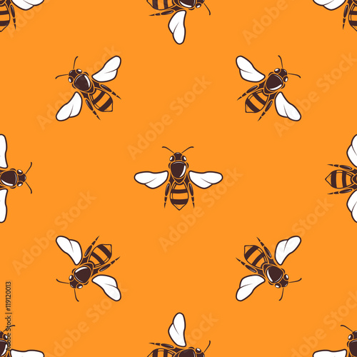 Flying bees vector seamless pattern in bright orange © MicroOne