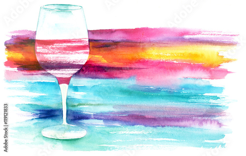 Watercolor glass of red wine with vibrant texture with copyspace