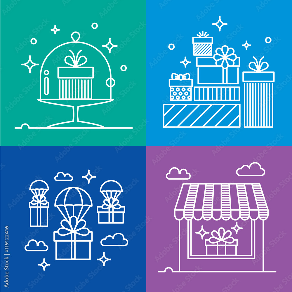 Gifts outline icons set for celebrating card, interface, illustration. Modern vector illustration and stylish design element