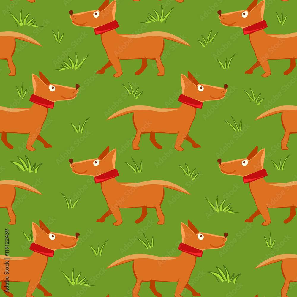 Seamless pattern with repeating dog on green grass background