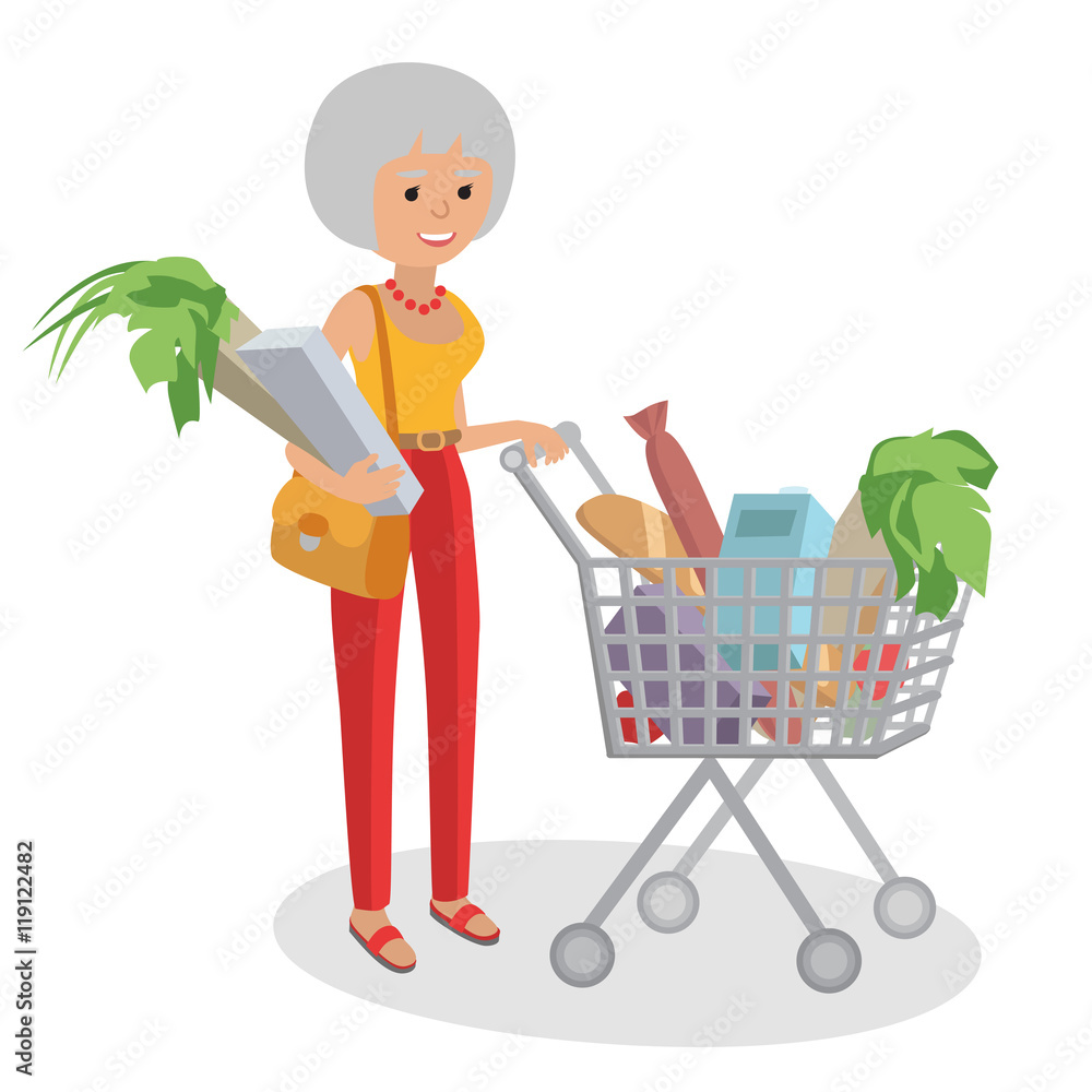 Illustration of grandmother carrying bags. Woman pushing supermarket  shopping cart full groceries. Flat style vector isolated on white  background. Stock Vector | Adobe Stock