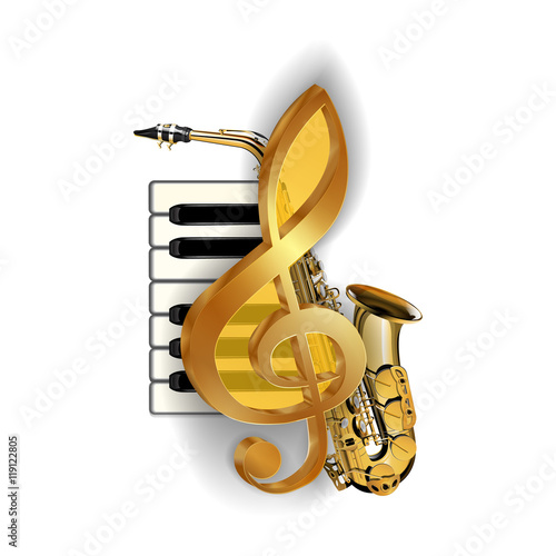 treble clef on the background saxophone piano keys