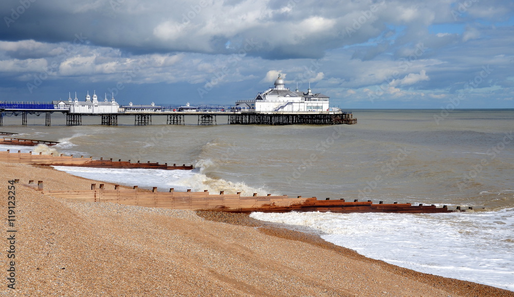 Eastbourne Pier and beach, East Sussex, England, UK.