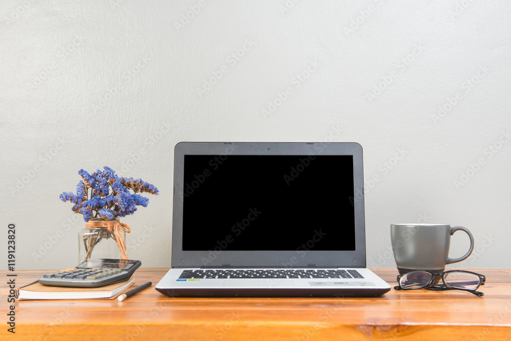 Fototapeta premium Office supplies on a wooden working table, Office workspace.