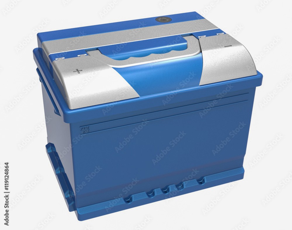 3D blue car battery with gray terminal cover and handle on white 3D blue car battery with gray terminal cover and handle on white