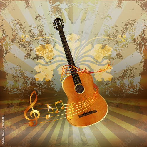 acoustic guitar entwined with music notes