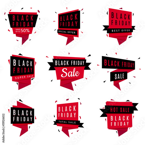 Black Friday sale banners. Set of red discount and promotion banners. Vector advertising labels. Collection of tags for retail.