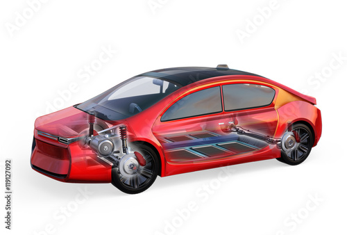 Electric vehicle body and frame  isolated on white background. 3D rendering image.
