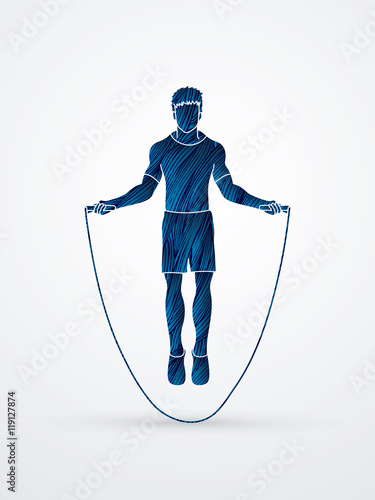 Sport man jumping rope designed using blue grunge brush graphic vector.