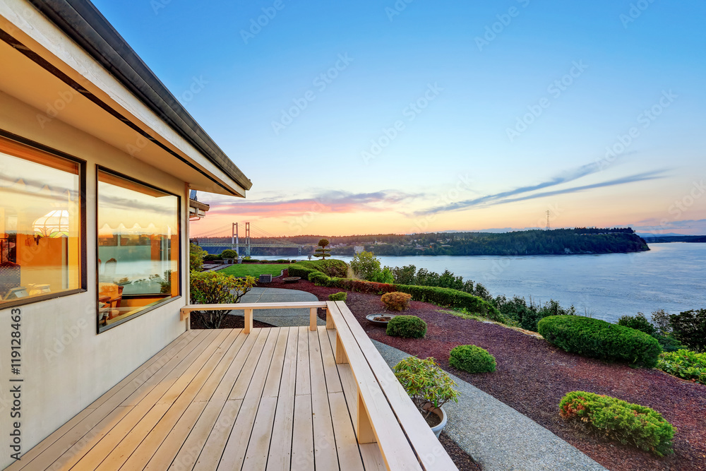 Luxury house exterior at sunset.