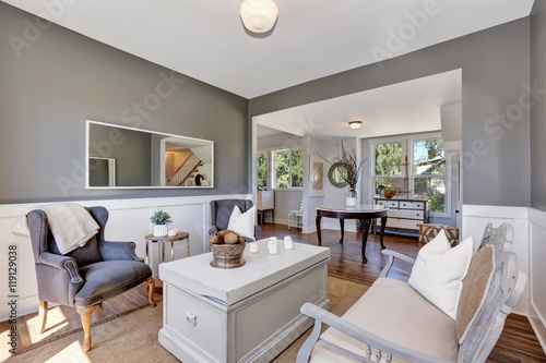 Grey Sitting room interior with vintage furniture.