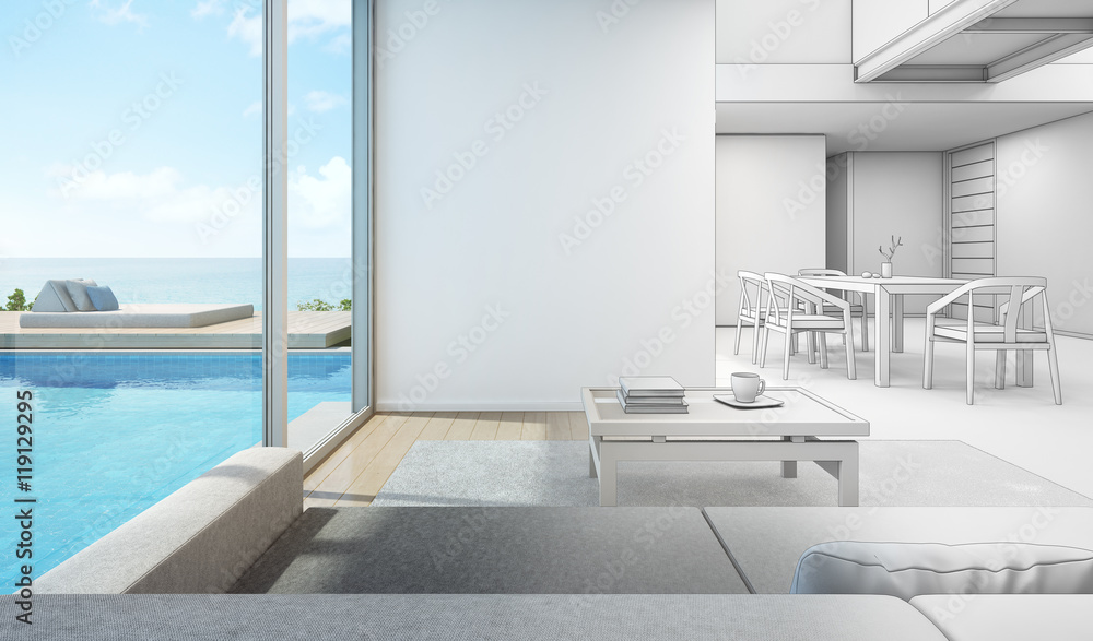 Sketch design of sea view interior in modern pool house - 3D rendering ...