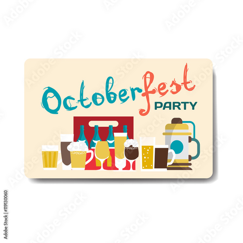 Octoberfest party flyer. Still life of beer mugs, bottles, barre