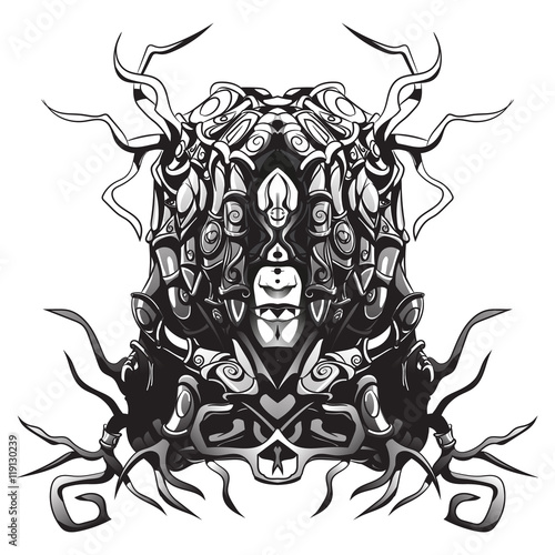 blind shaman with tattoos and roots instead of hair