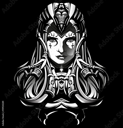 severe barbarian woman, with thick hair, and tattoos on her face
