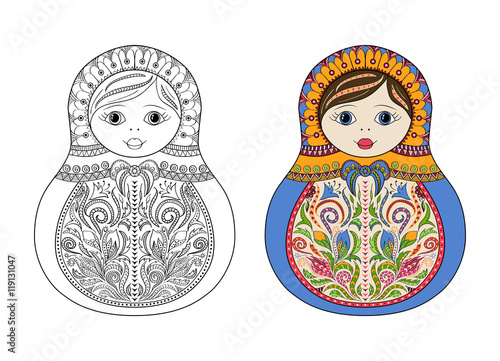 Vector coloring book for adult and kids - russian matrioshka doll. Hand drawn zentangle with floral and ethnic ornaments