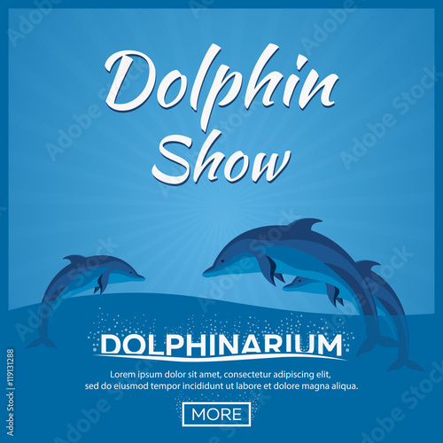 Dolphinarium. Dolphin show. Banner. Ticket. Vector flat illustration.
