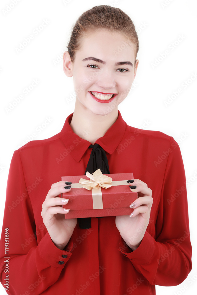 smiling business woman hold white gift box. isolated studio port smiling business woman hold white gift box. isolated studio port