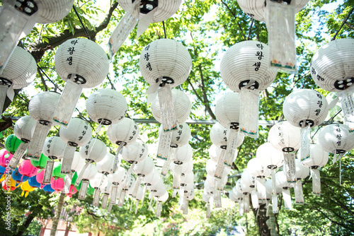 Gyeongju, South Korea - August 18, 2016: Hundreds of lanterns hanging out of the Bunhwangsa temple in South Korea. photo