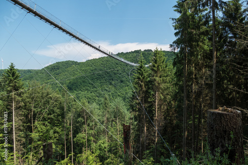 Die Geierlay Hängebrücke im Hunsrück gilt als längste Hängeseilbrücke Deutschlands. Die Fußgängerbrücke verbindet mit ihrer Länge von 360m die Orte Mörsdorf und Sosbach.