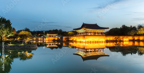 Gyeongju, South Korea - August 18, 2016 : Donggung Palace and Wolji Pond at Night, Gyeongju, South Korea. photo