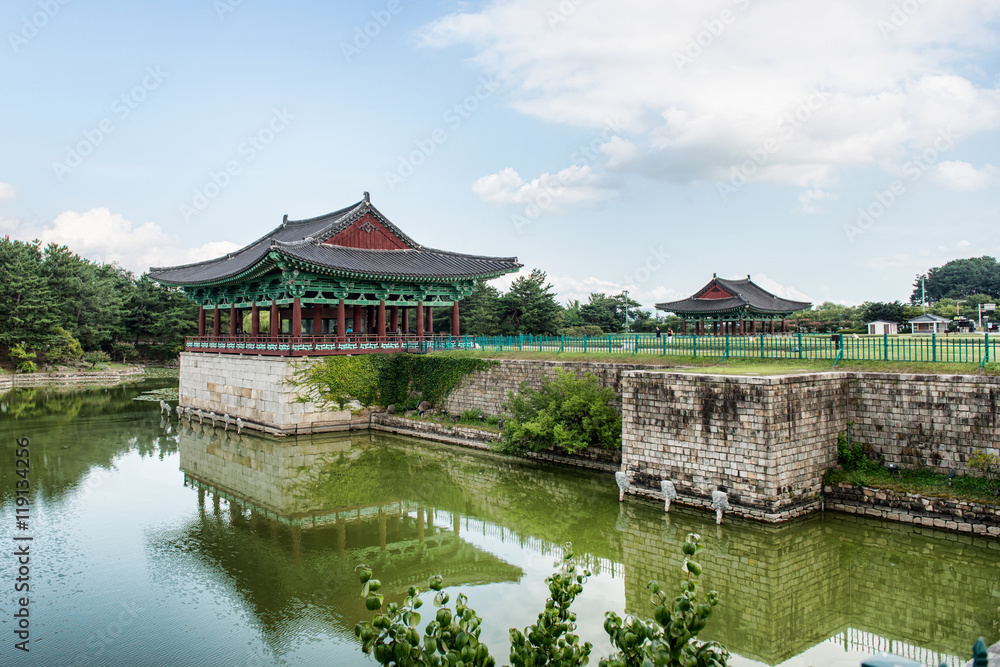 Gyeongju, South Korea - August 17, 2016: Donggung Palace and Wolji Pond in Gyeongju, South Korea.