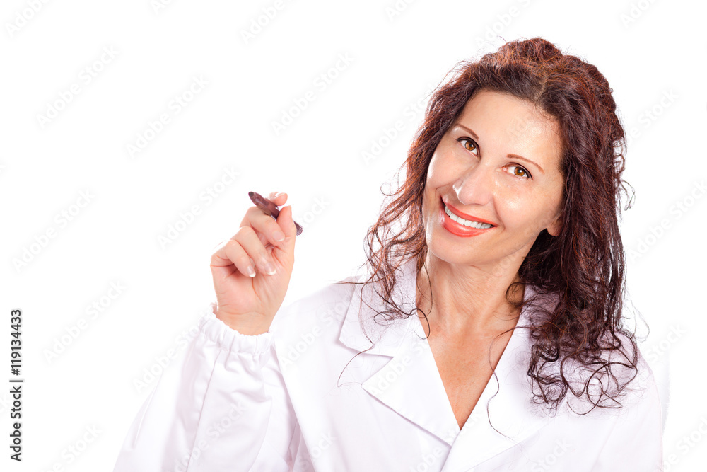 woman in medical gown writing in the air woman in medical gown writing in the air