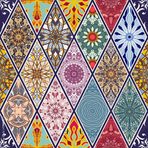 Vector seamless texture. Beautiful mega patchwork mosaic pattern for design and fashion with decorative elements in rhombus