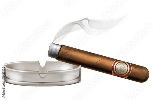 Burning cigar with an ashtray and smoke, realistic vector illustration.