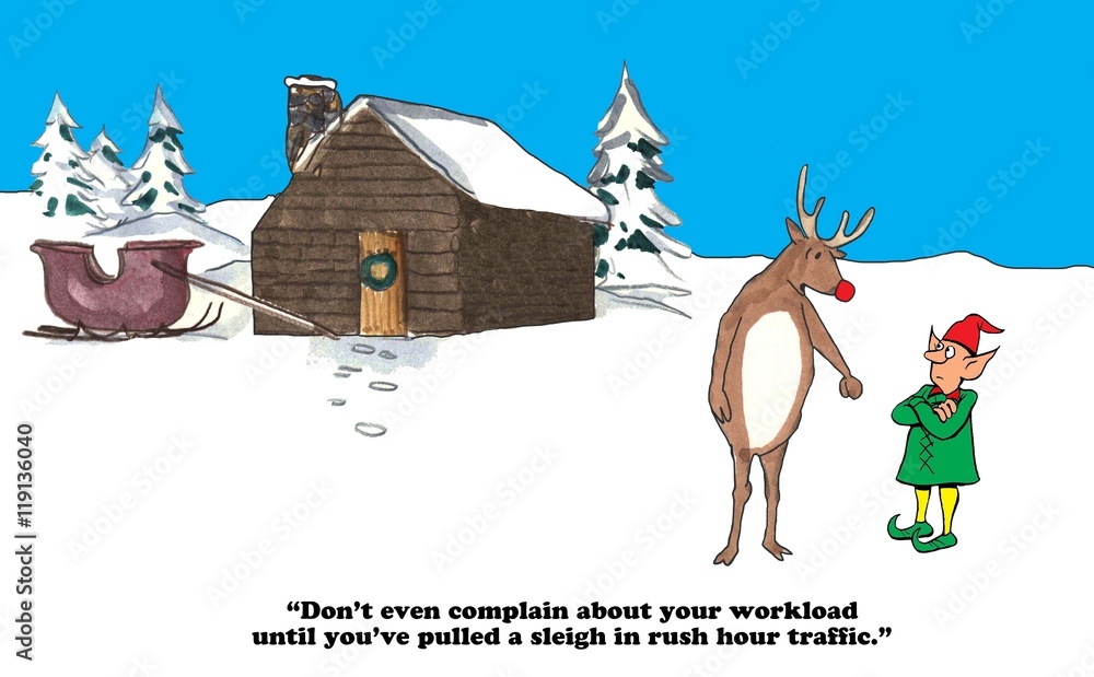 Naklejka premium Christmas cartoon about Rudolph and an elf comparing workloads.
