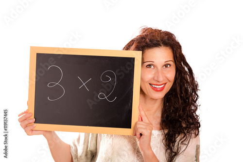 woman showing 3x2 chalkboard photo