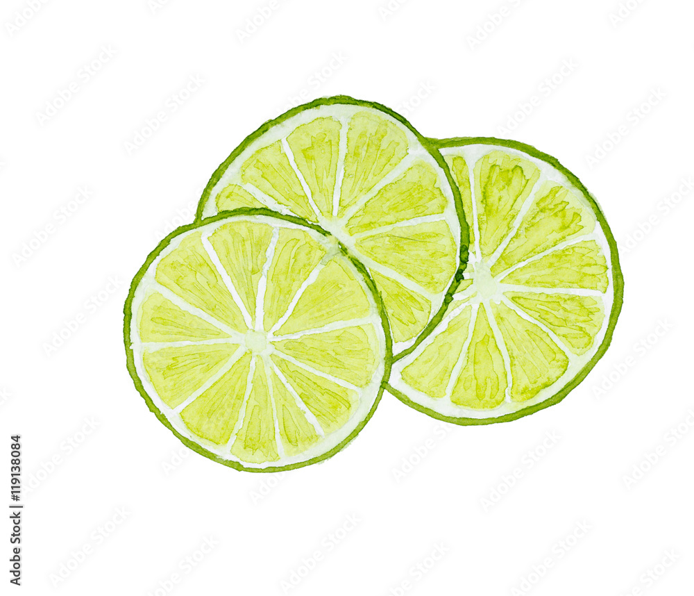 Three slices of lime isolated on white background. Watercolor il Three slices of lime isolated on white background. Watercolor il