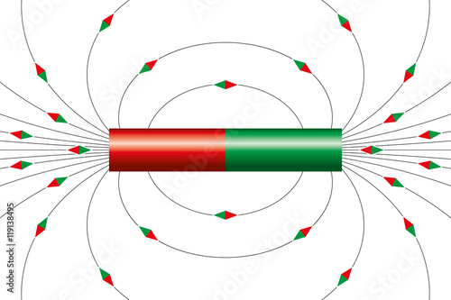 Magnetic field lines of bar magnet. The little magnet needle symbols are showing the direction of the field around the cylindrical magnet at different points. Illustration on white background.