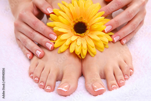 pedicure on legs and beautiful manicure hands closeup